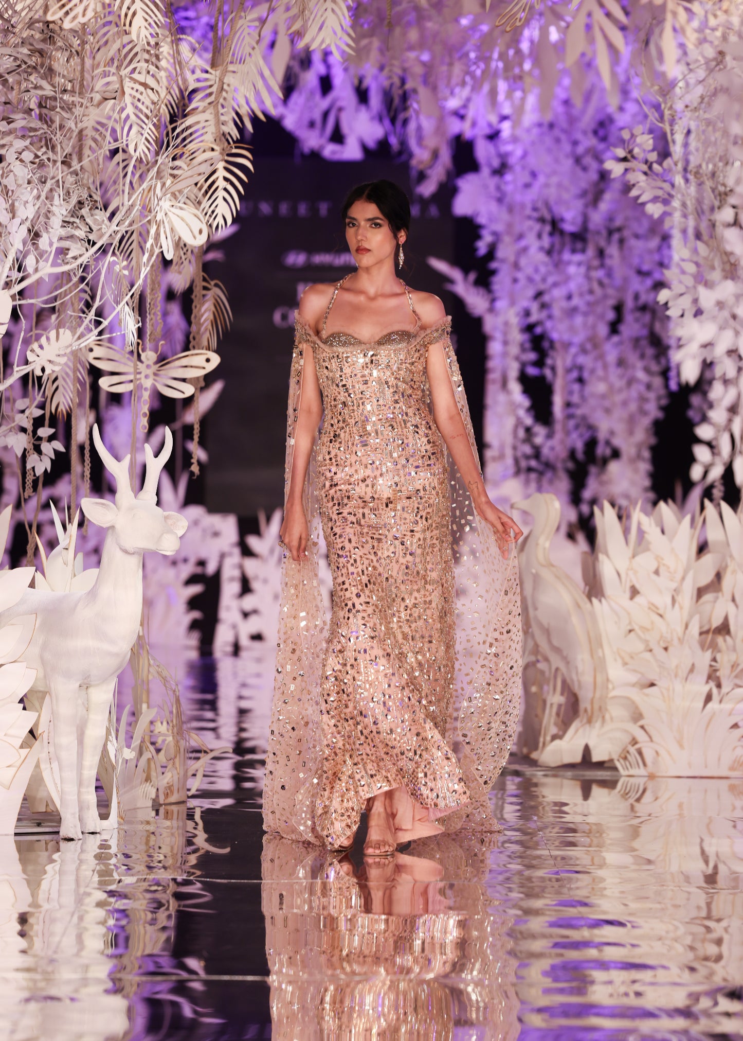 Crystal Embellished Sheath Gown with Cape Sleeves