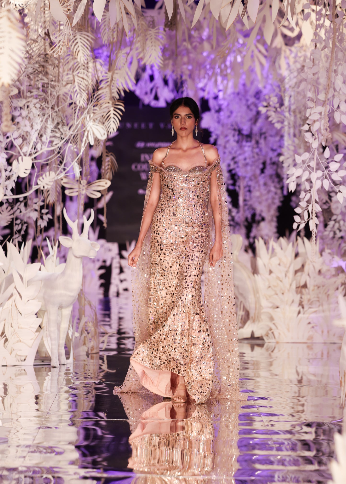 Crystal Embellished Sheath Gown with Cape Sleeves