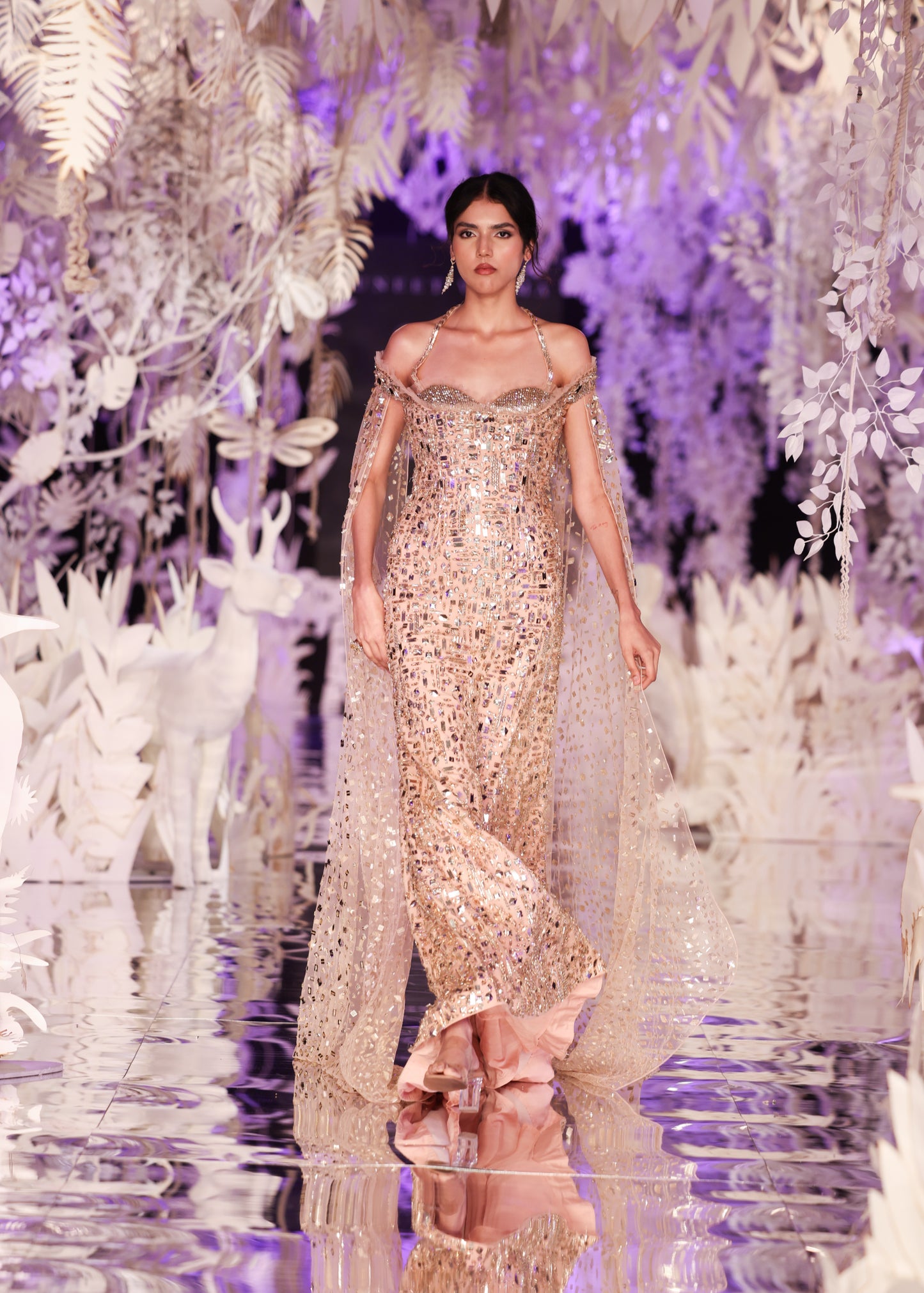 Crystal Embellished Sheath Gown with Cape Sleeves