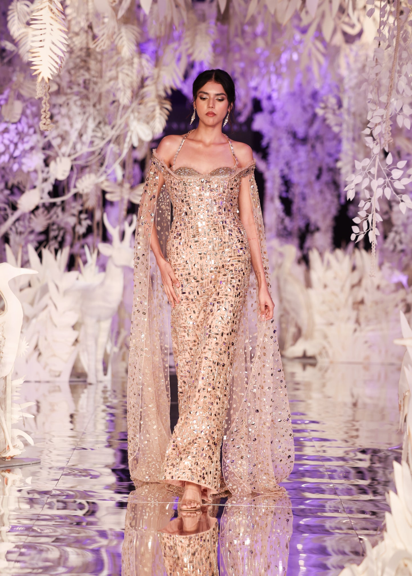 Crystal Embellished Sheath Gown with Cape Sleeves