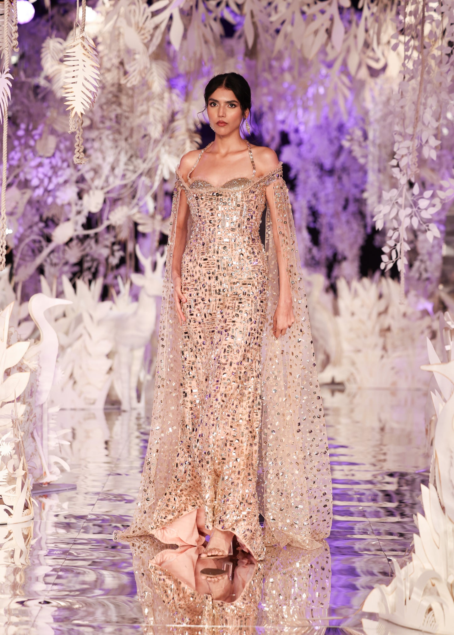 Crystal Embellished Sheath Gown with Cape Sleeves