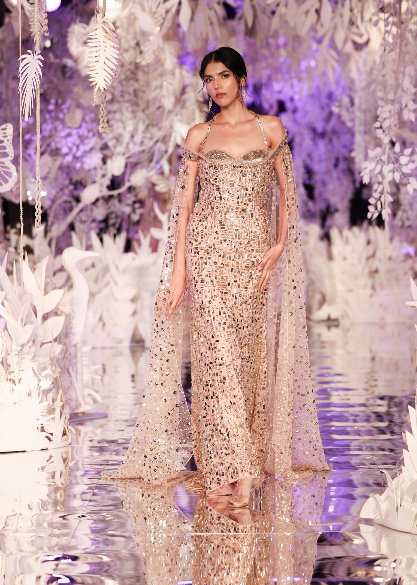 Crystal Embellished Sheath Gown with Cape Sleeves