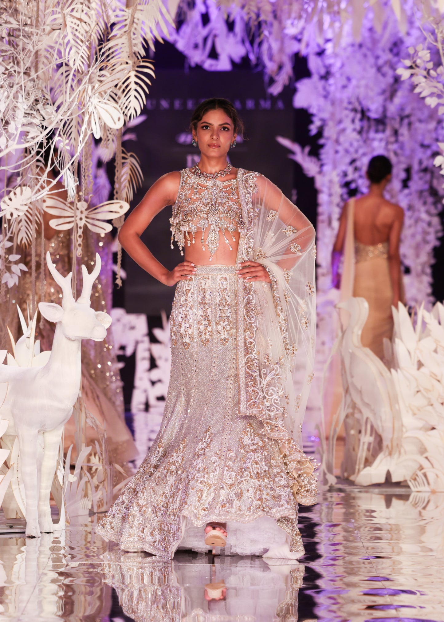 Beaded Crop Top with Embroidered Lehenga Skirt and Sheer Dupatta