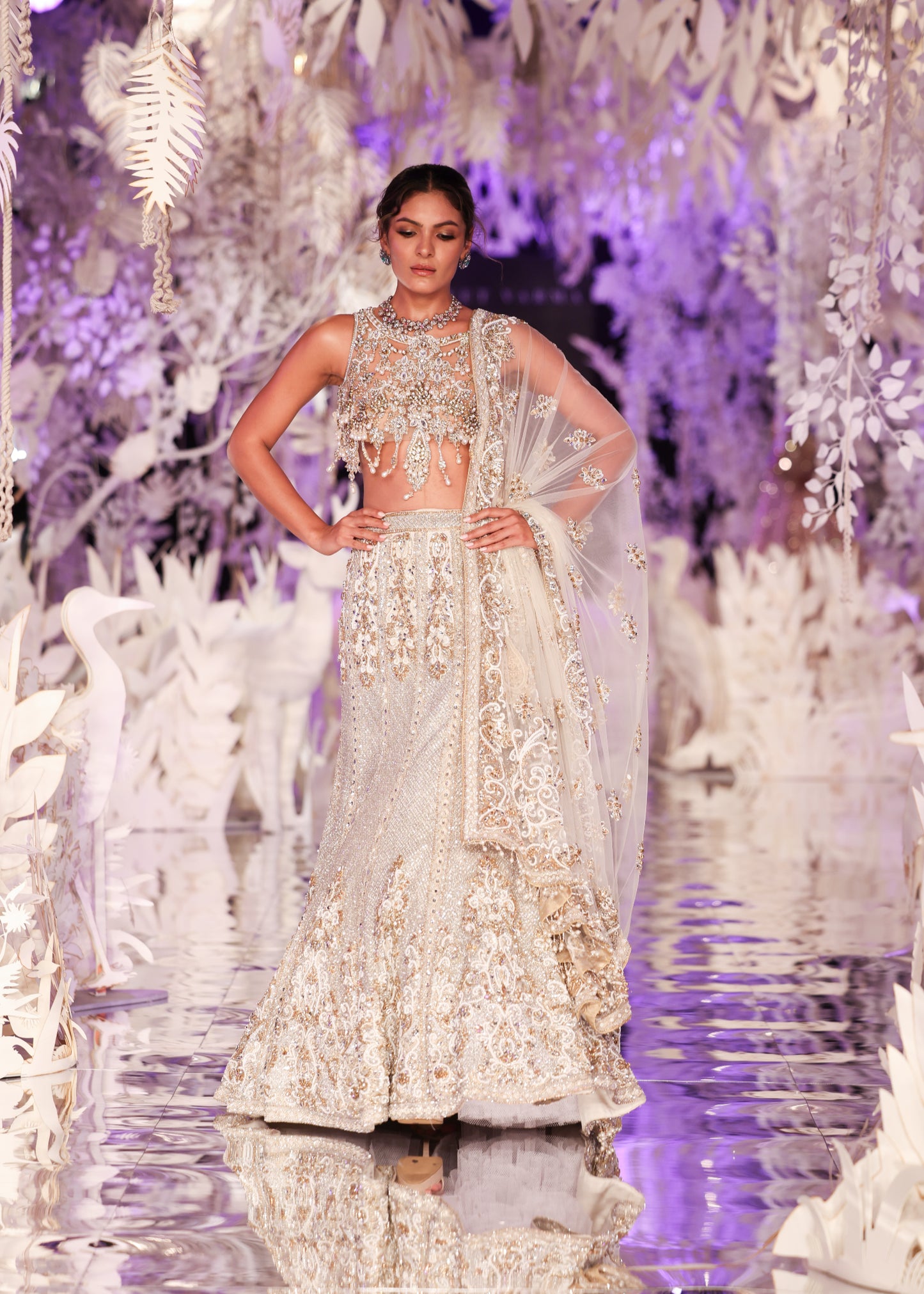 Beaded Crop Top with Embroidered Lehenga Skirt and Sheer Dupatta