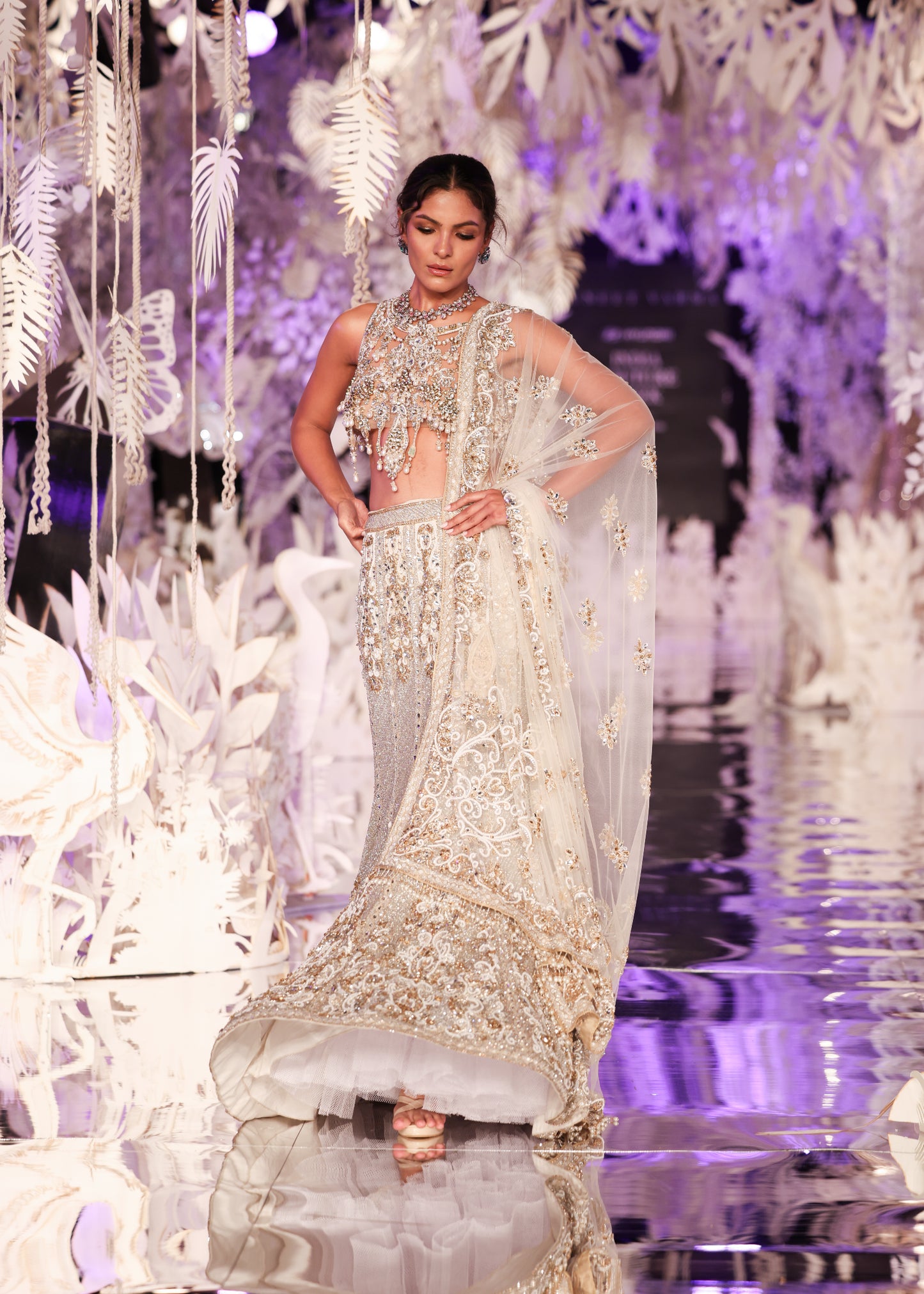 Beaded Crop Top with Embroidered Lehenga Skirt and Sheer Dupatta