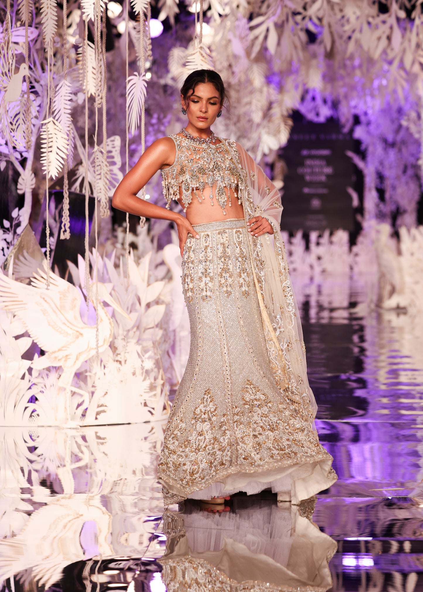 Beaded Crop Top with Embroidered Lehenga Skirt and Sheer Dupatta