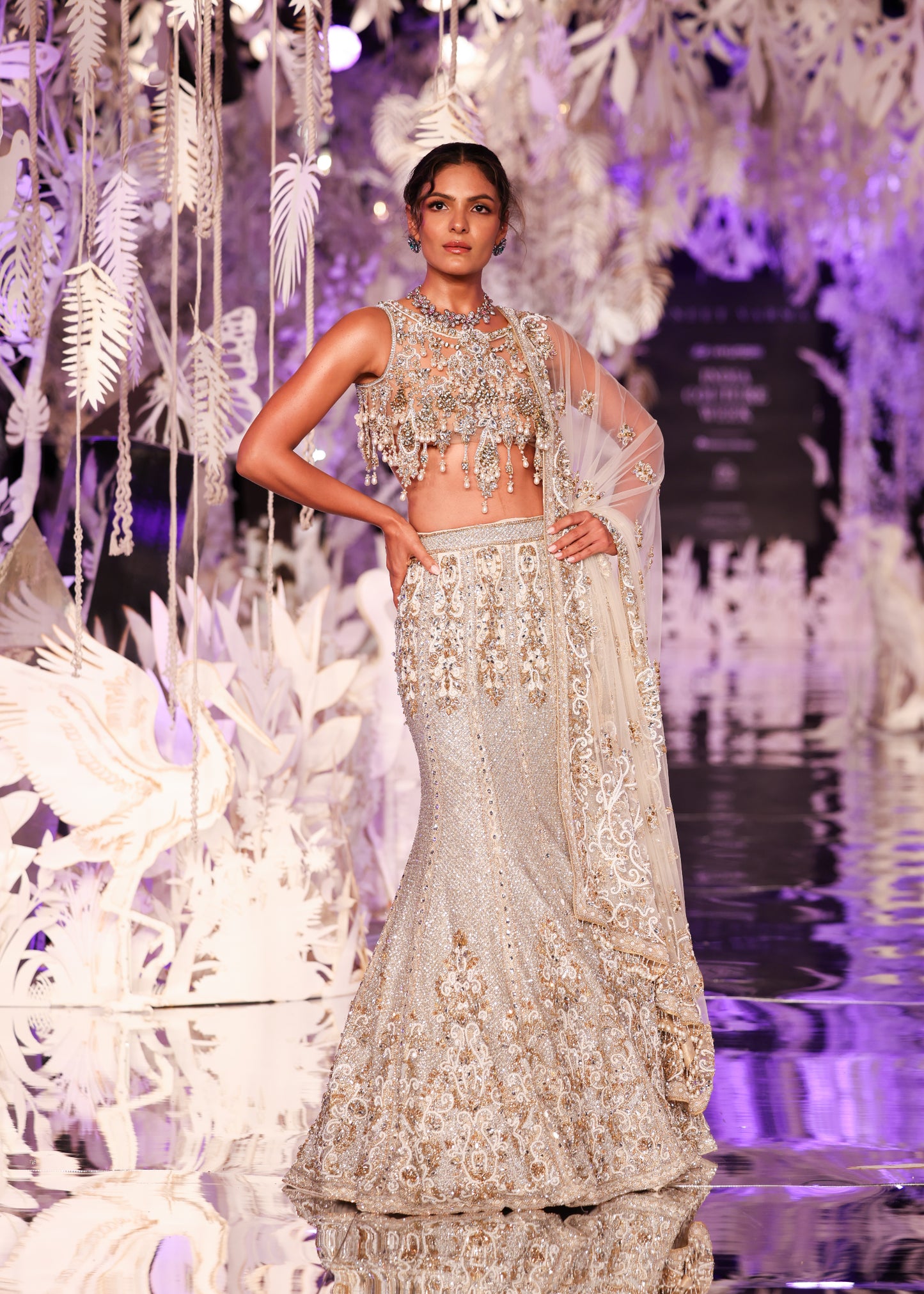 Beaded Crop Top with Embroidered Lehenga Skirt and Sheer Dupatta