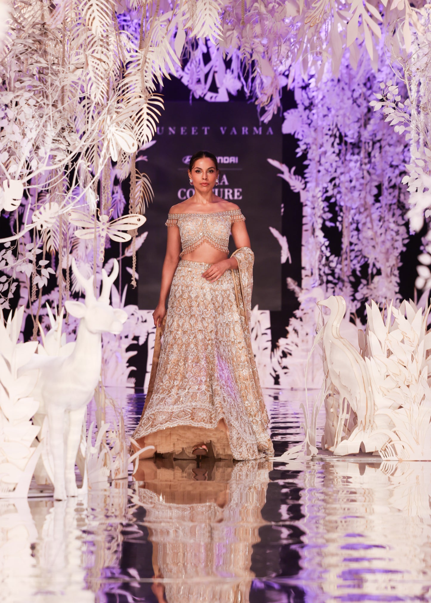 Beaded Off-Shoulder Top and Gold Embroidered Lehenga
