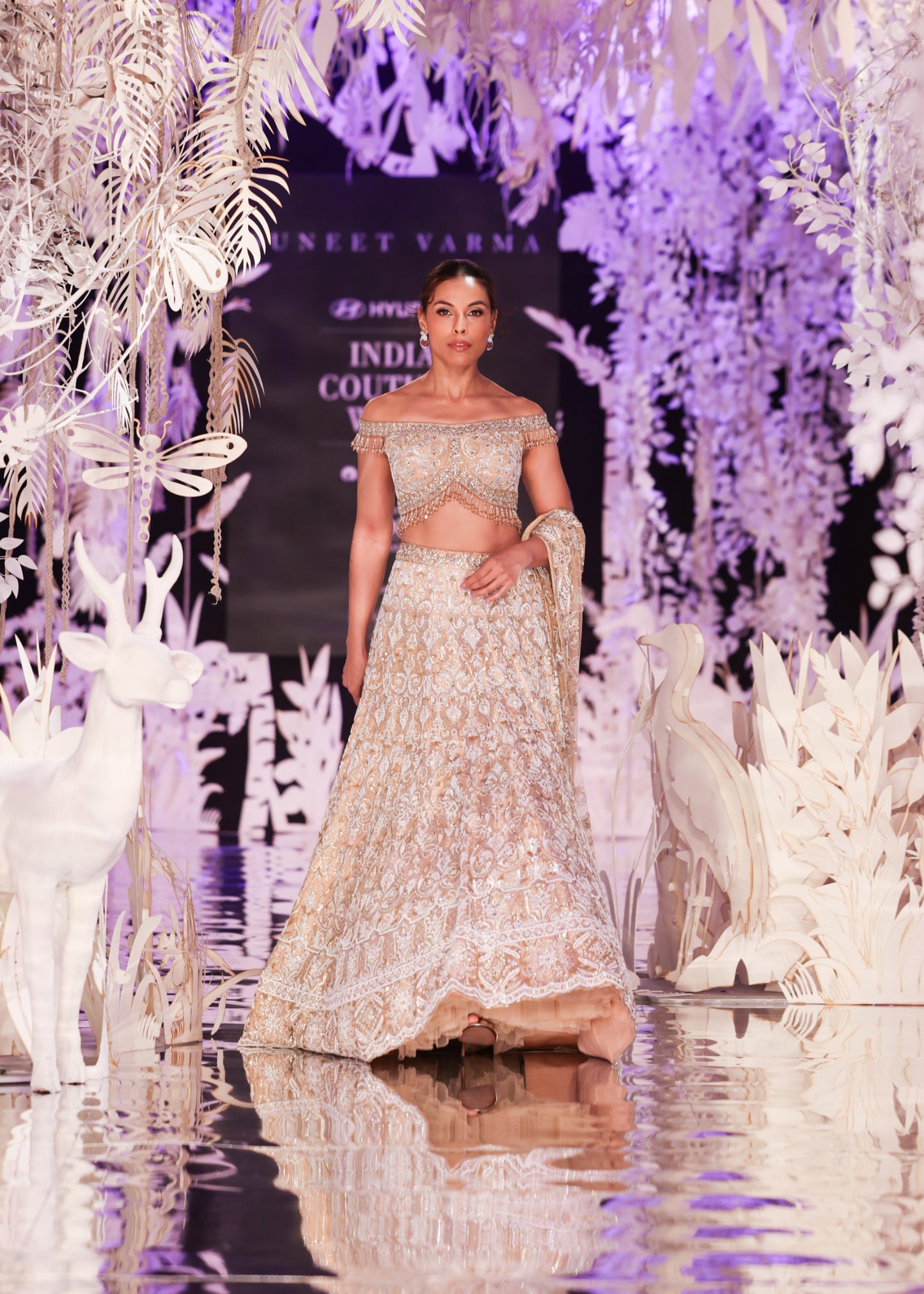 Beaded Off-Shoulder Top and Gold Embroidered Lehenga