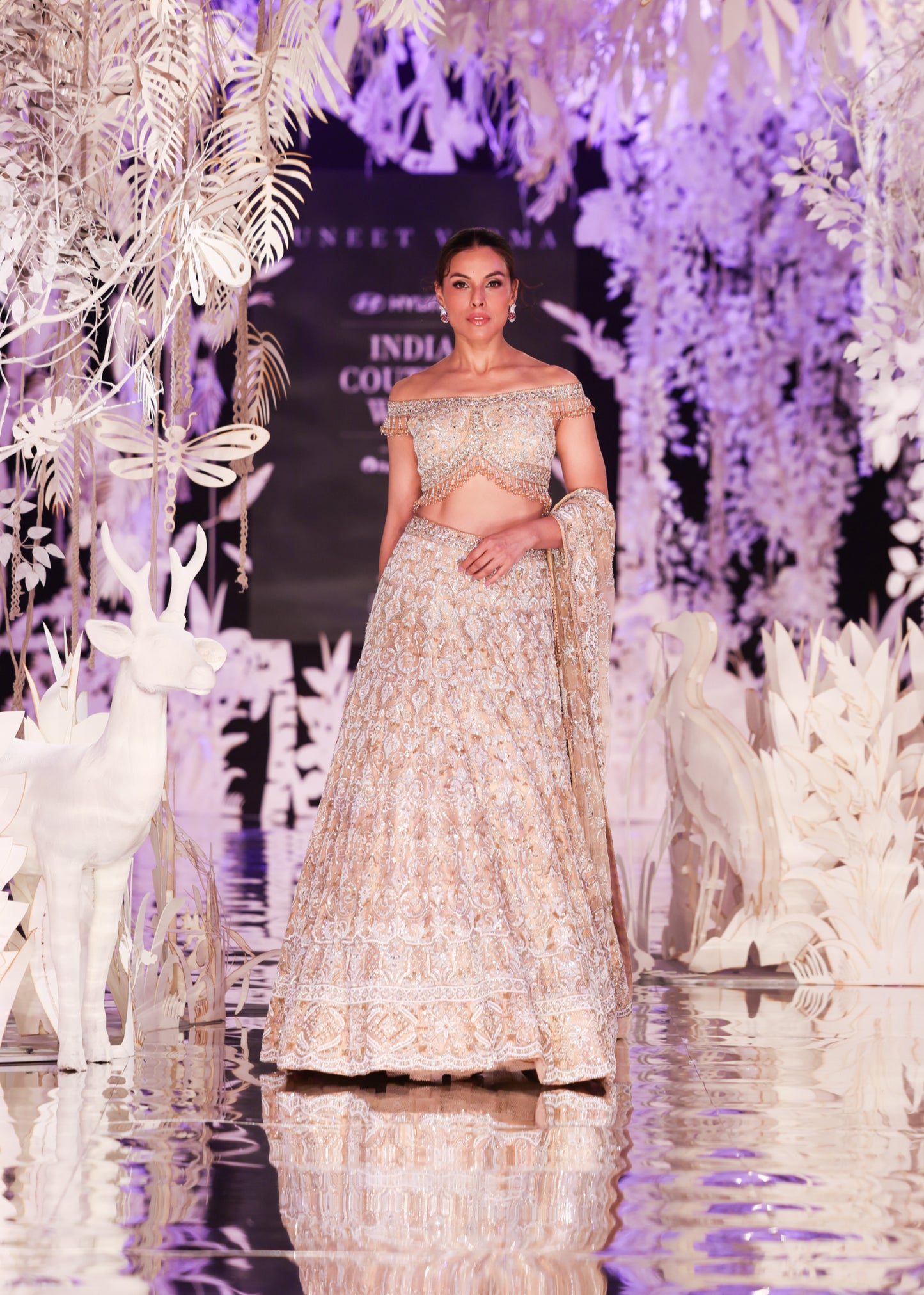 Beaded Off-Shoulder Top and Gold Embroidered Lehenga
