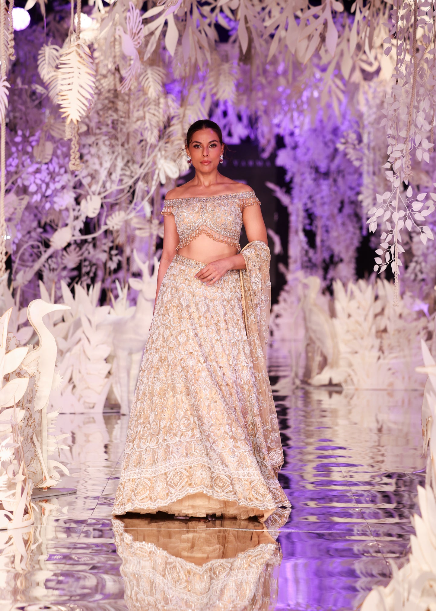 Beaded Off-Shoulder Top and Gold Embroidered Lehenga