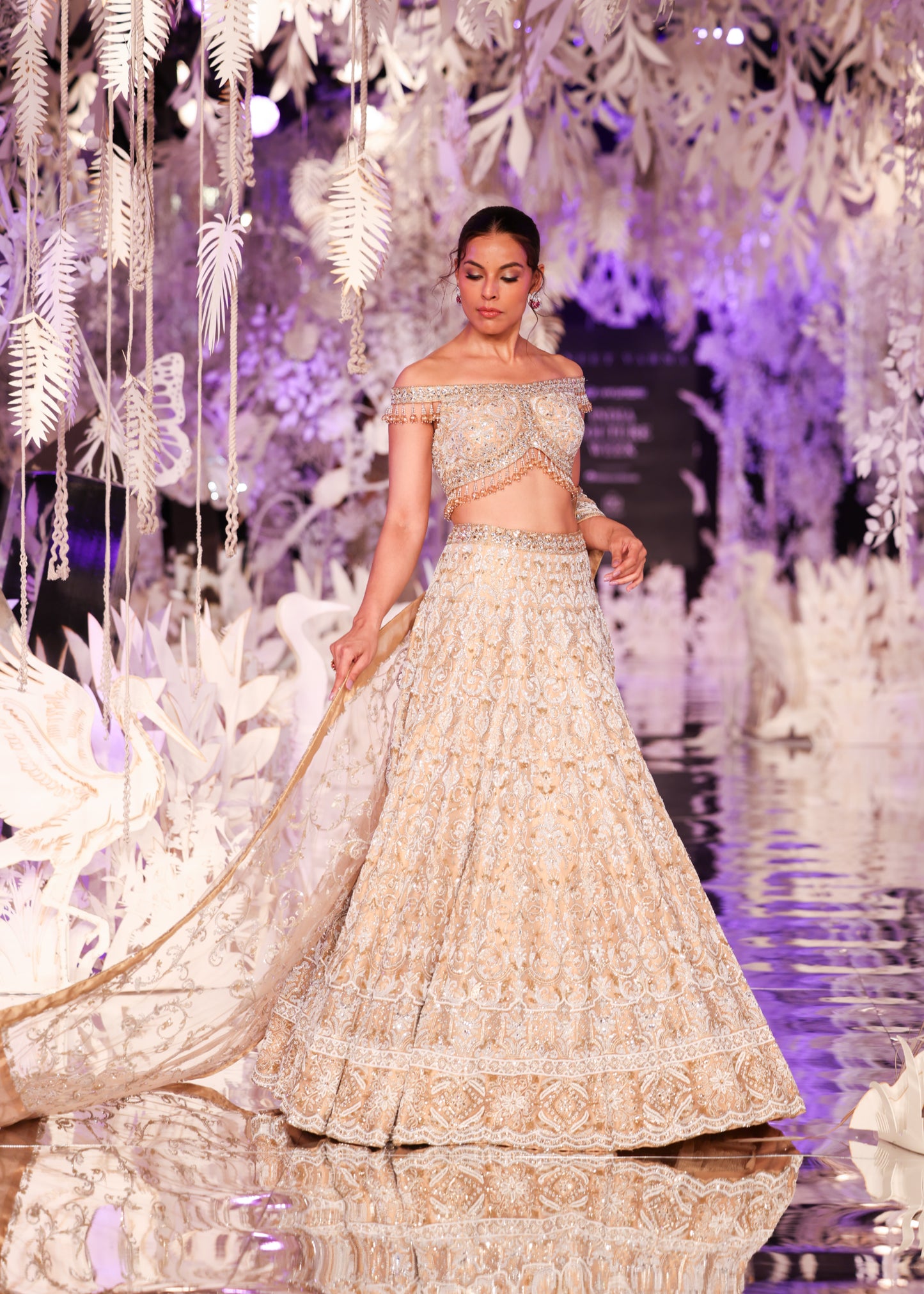 Beaded Off-Shoulder Top and Gold Embroidered Lehenga