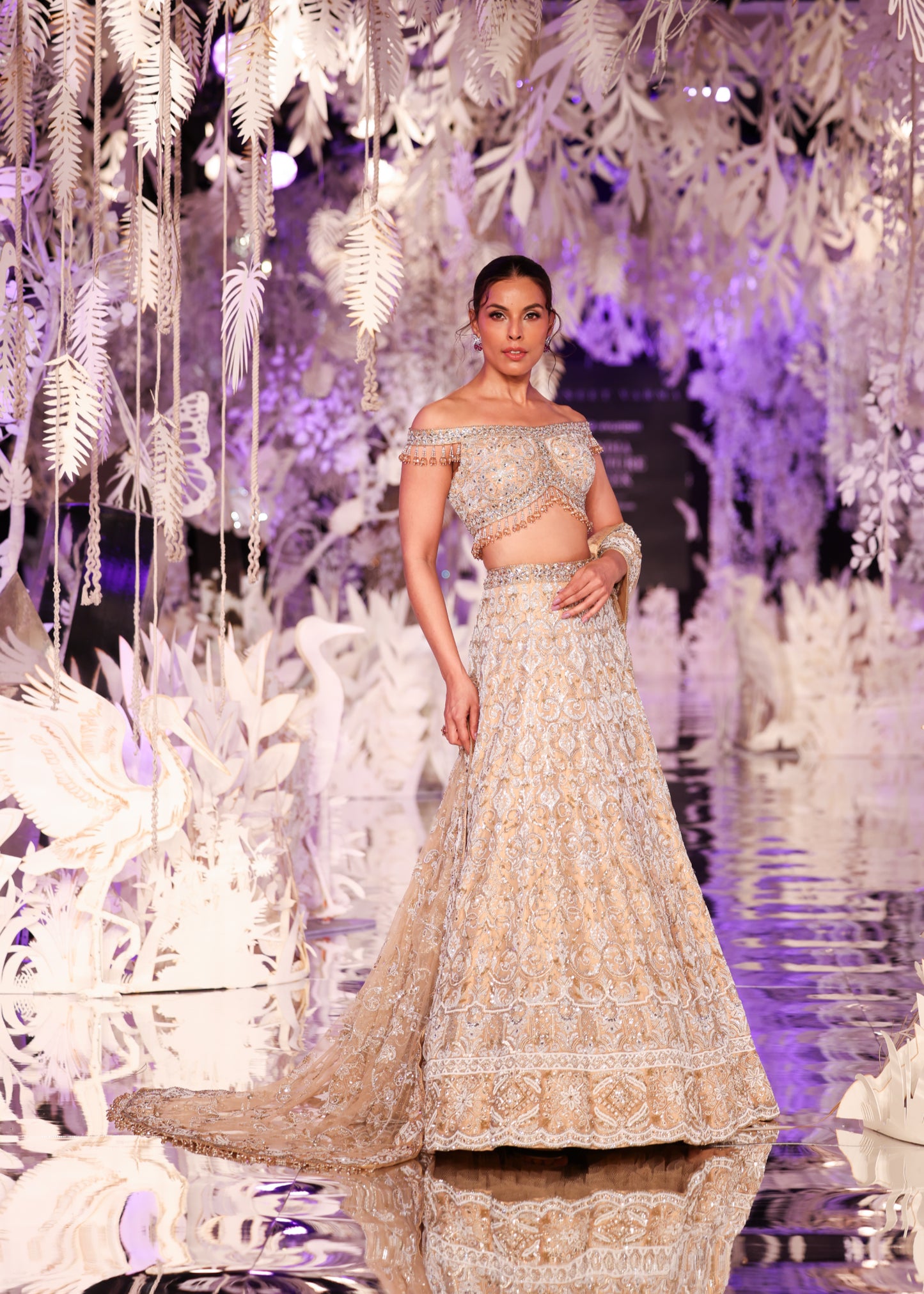 Beaded Off-Shoulder Top and Gold Embroidered Lehenga