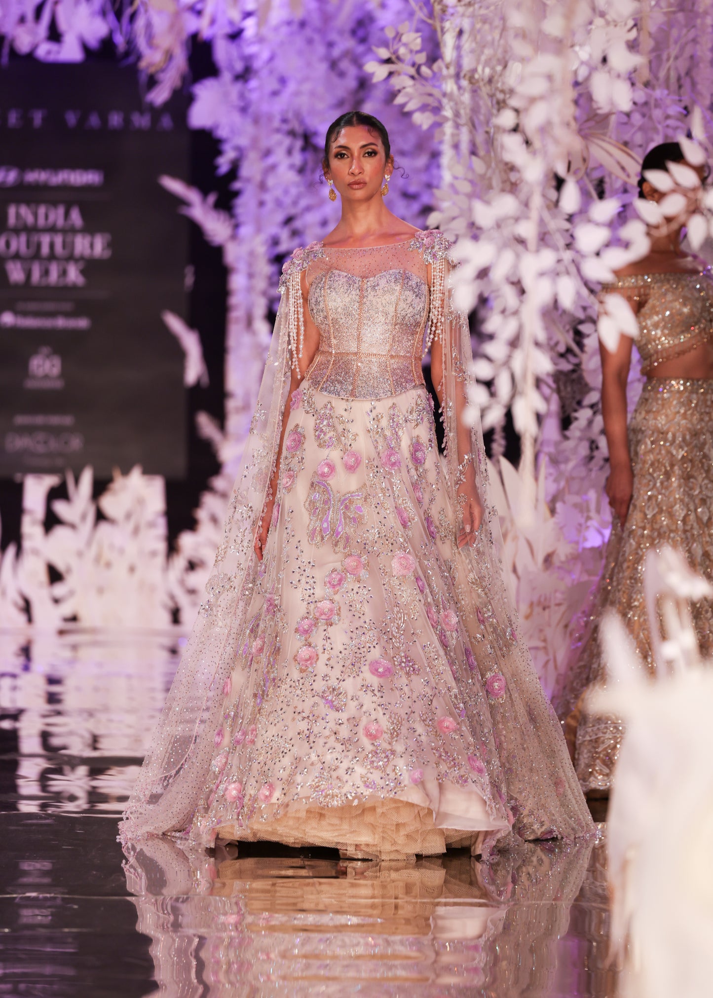 Embroidered Gown with Beaded Cape