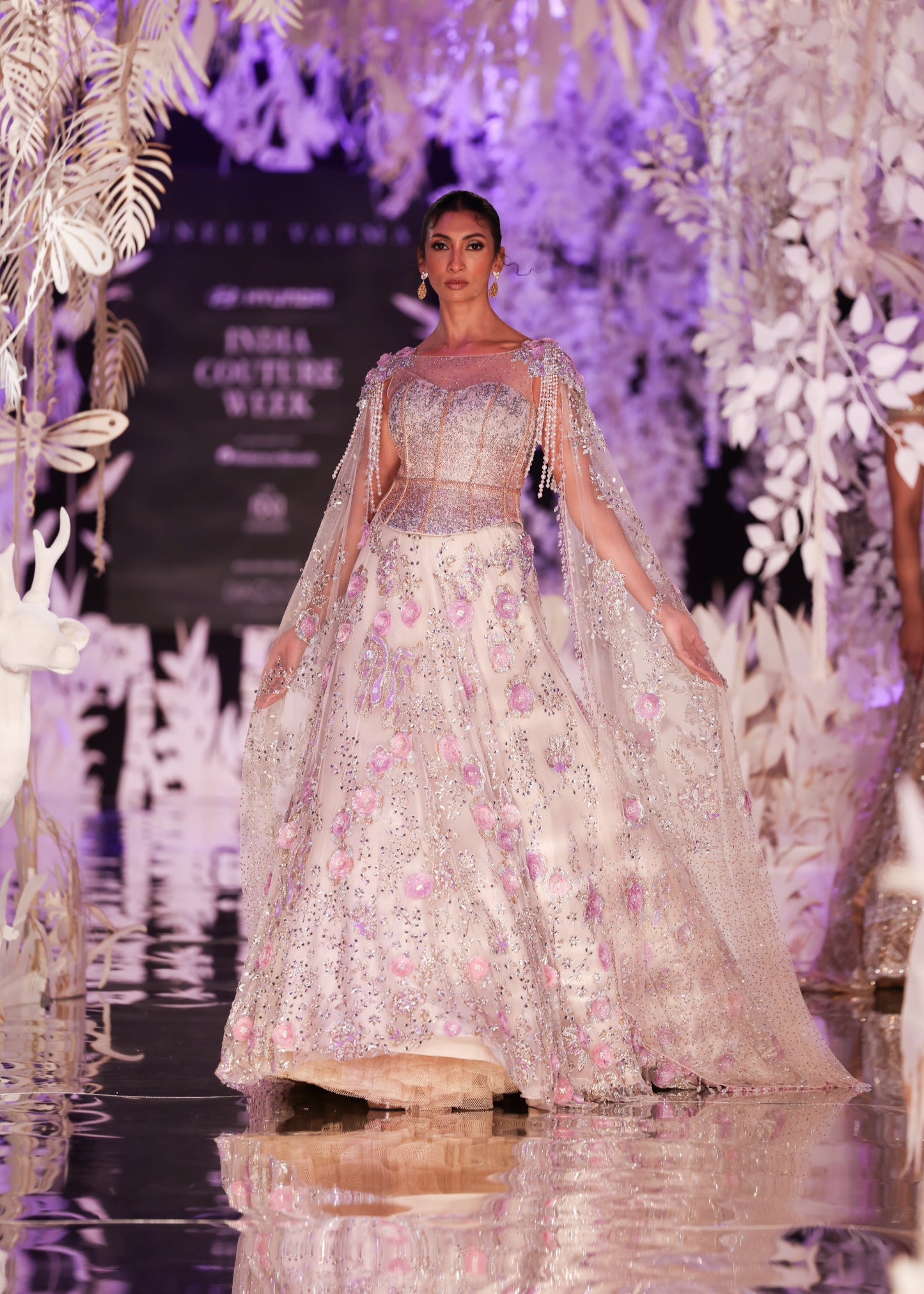Embroidered Gown with Beaded Cape