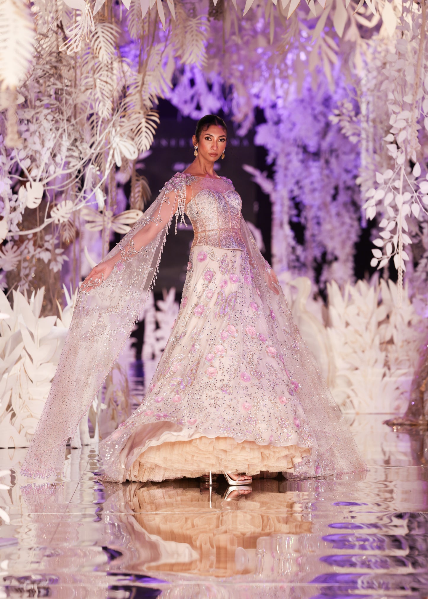 Embroidered Gown with Beaded Cape