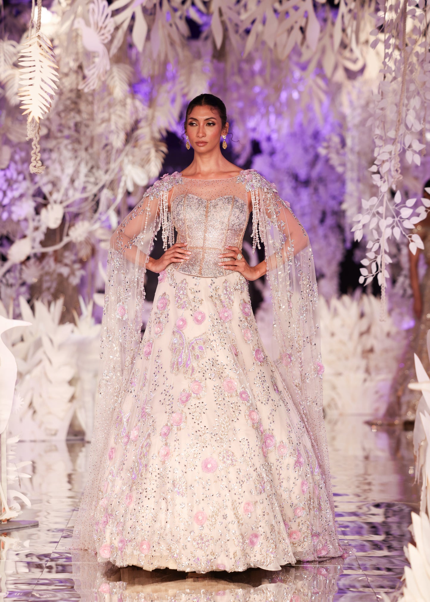 Embroidered Gown with Beaded Cape