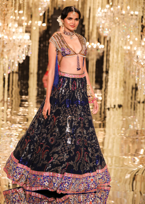 Dark Navy and Gold Sheeting Lehenga