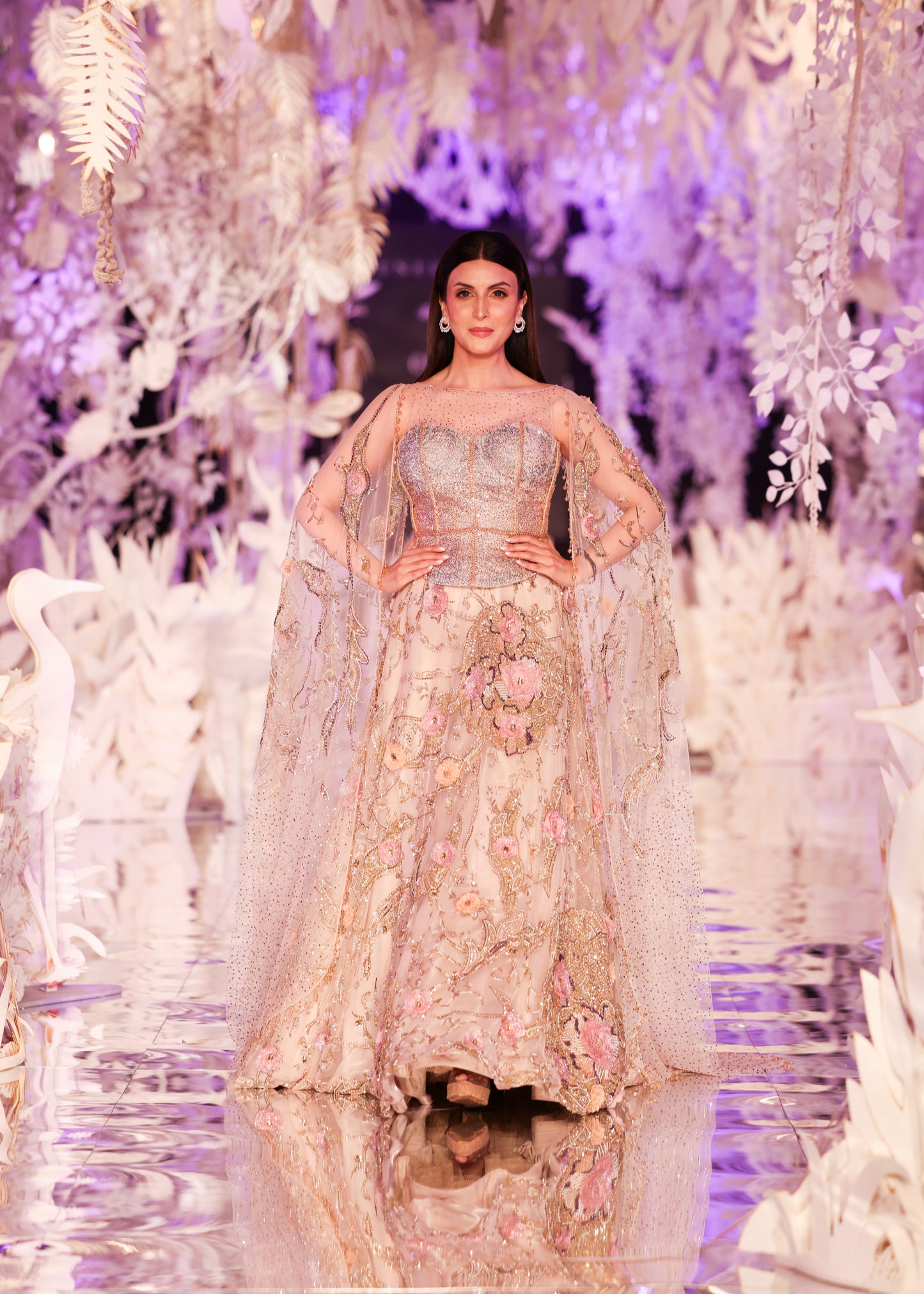 Blush Floral Embroidered Lehenga with Cape Sleeves