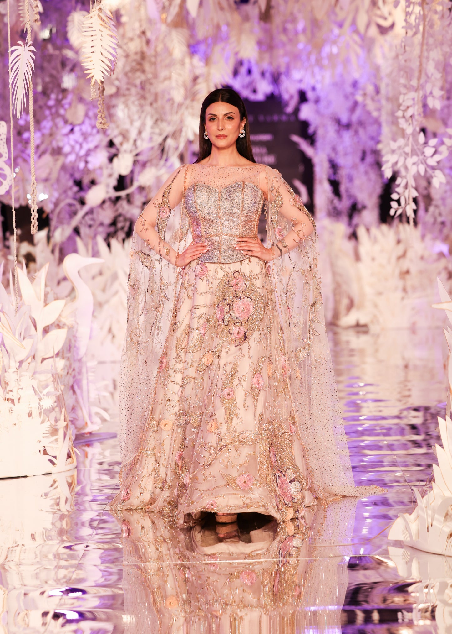 Blush Floral Embroidered Lehenga with Cape Sleeves
