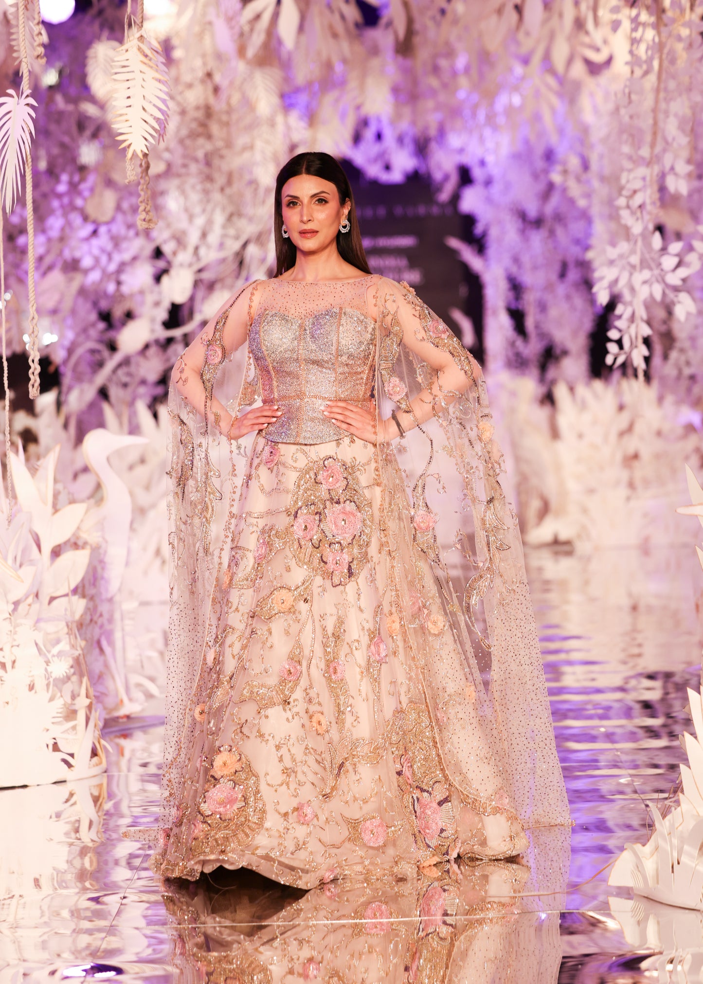 Blush Floral Embroidered Lehenga with Cape Sleeves