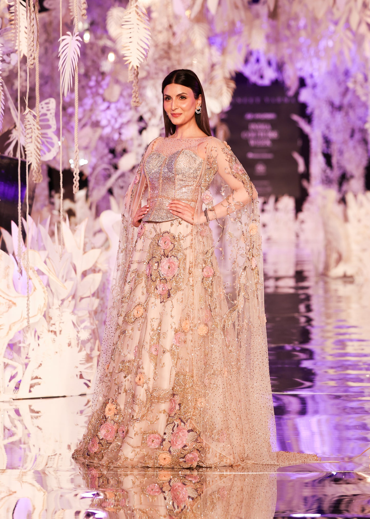 Blush Floral Embroidered Lehenga with Cape Sleeves