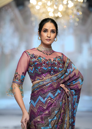 Chevron Plum Embroidered Saree