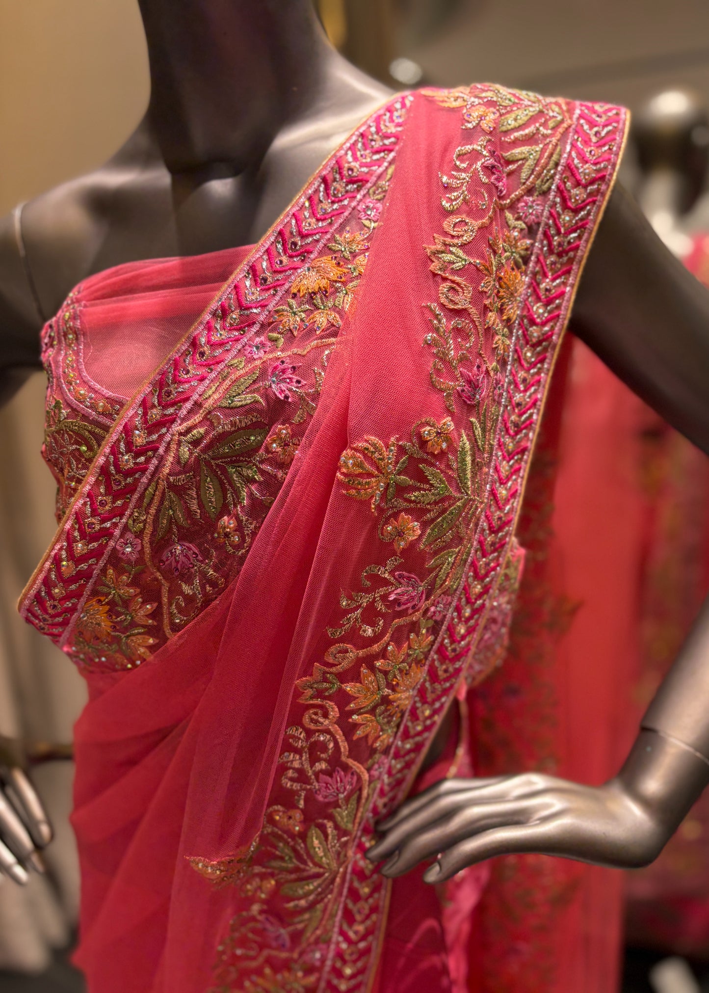 Onion Pink Border Indian Tule Saree