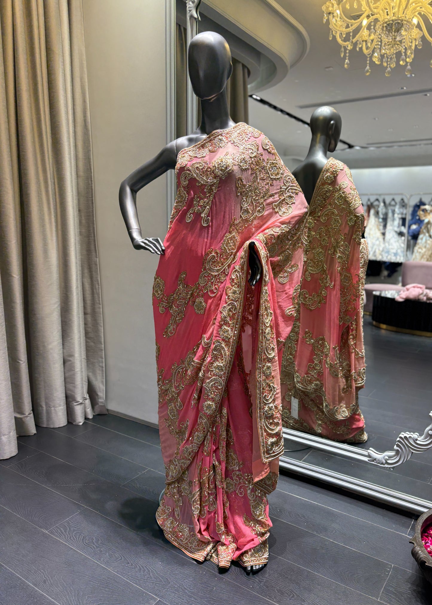 Peach Chiffon Gold Sequence Jaal Saree