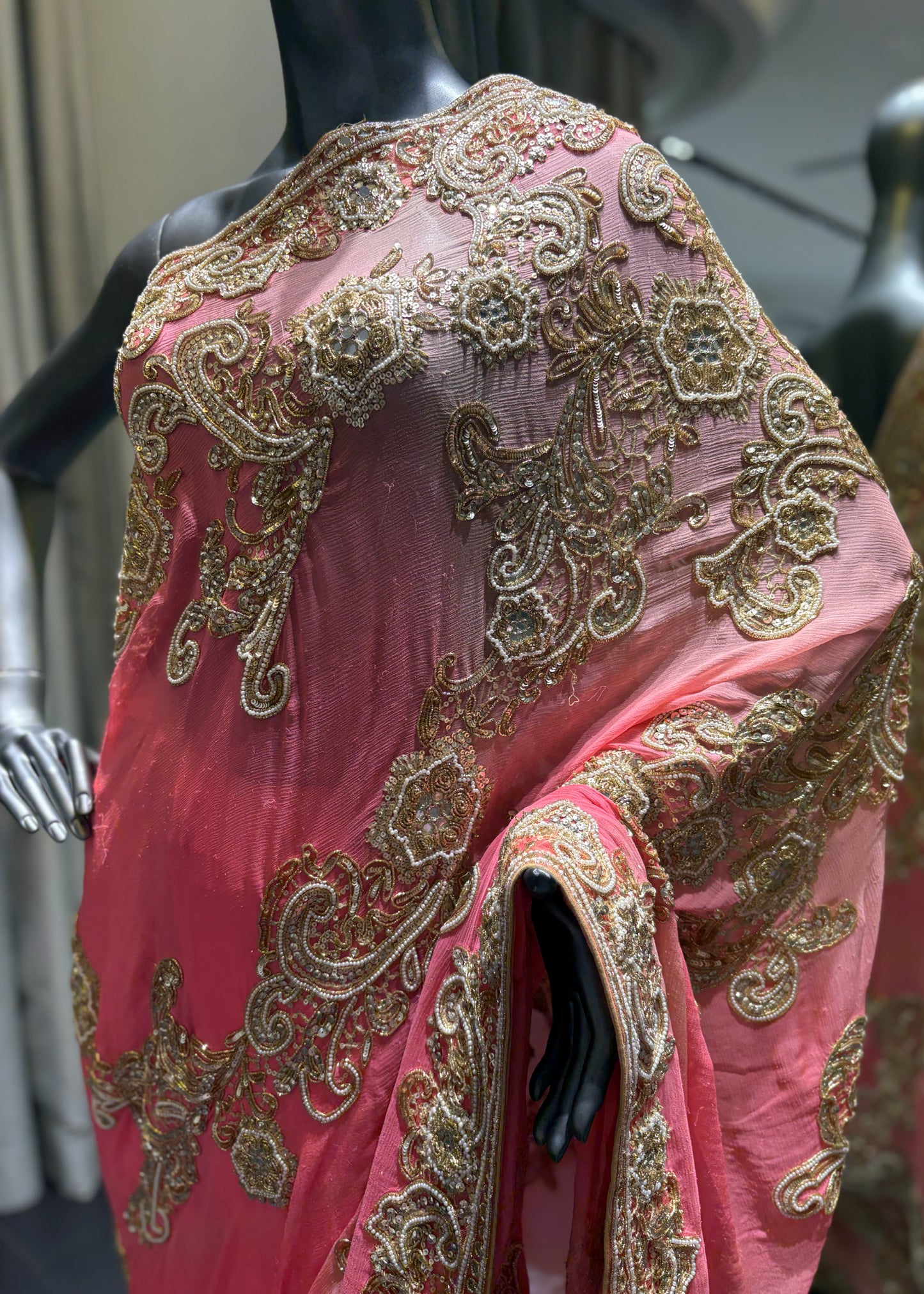 Peach Chiffon Gold Sequence Jaal Saree
