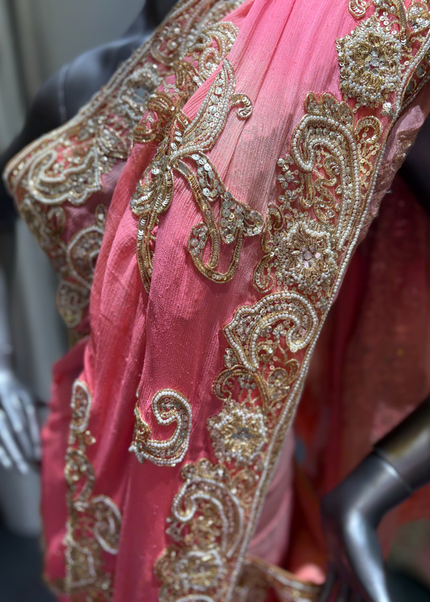 Peach Chiffon Gold Sequence Jaal Saree
