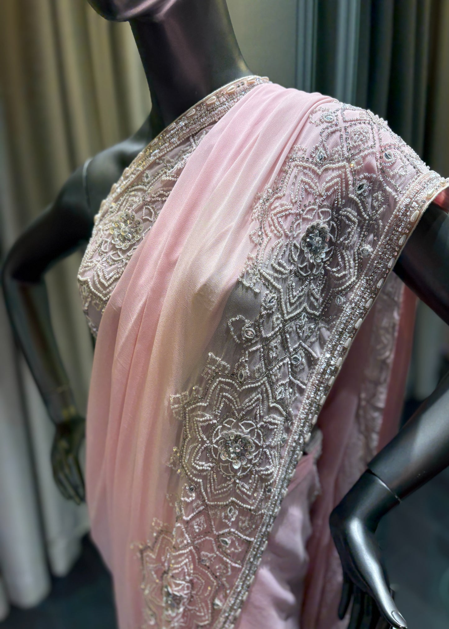 Pink Pearl Sequence Border Saree