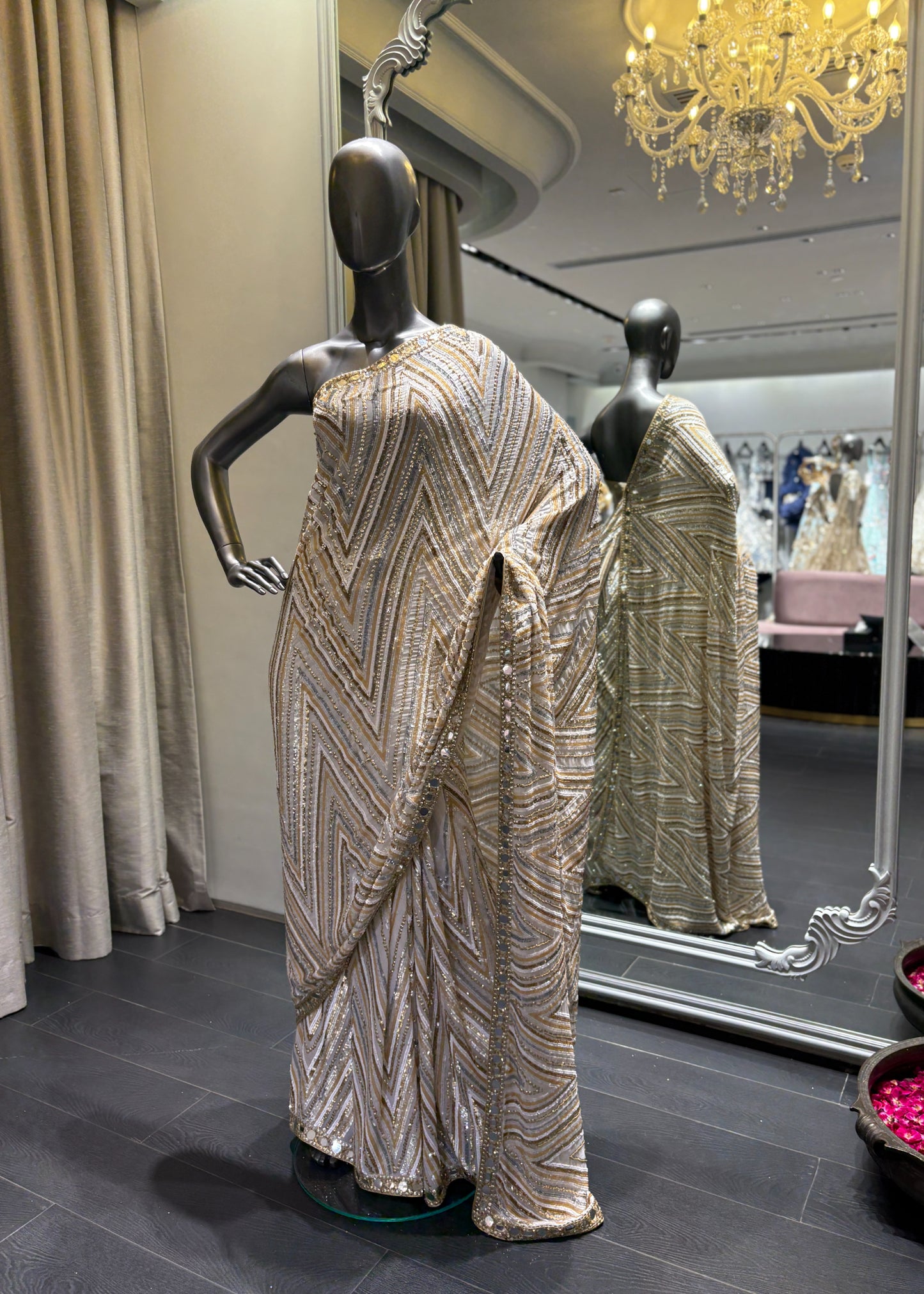 White And Gold Geometric Zig Zag Saree