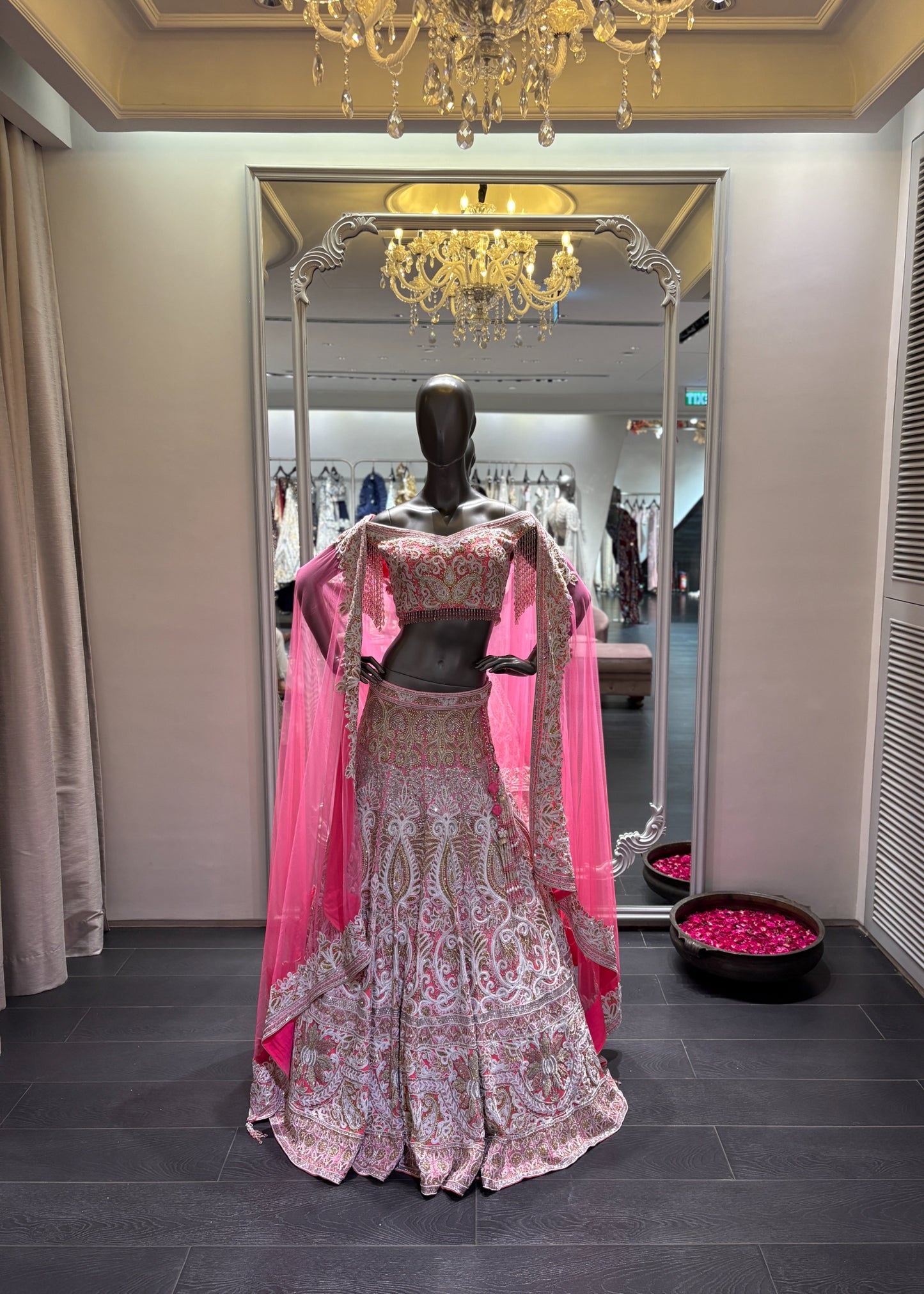 Coral Aari Dori Embroidery Lehenga Set
