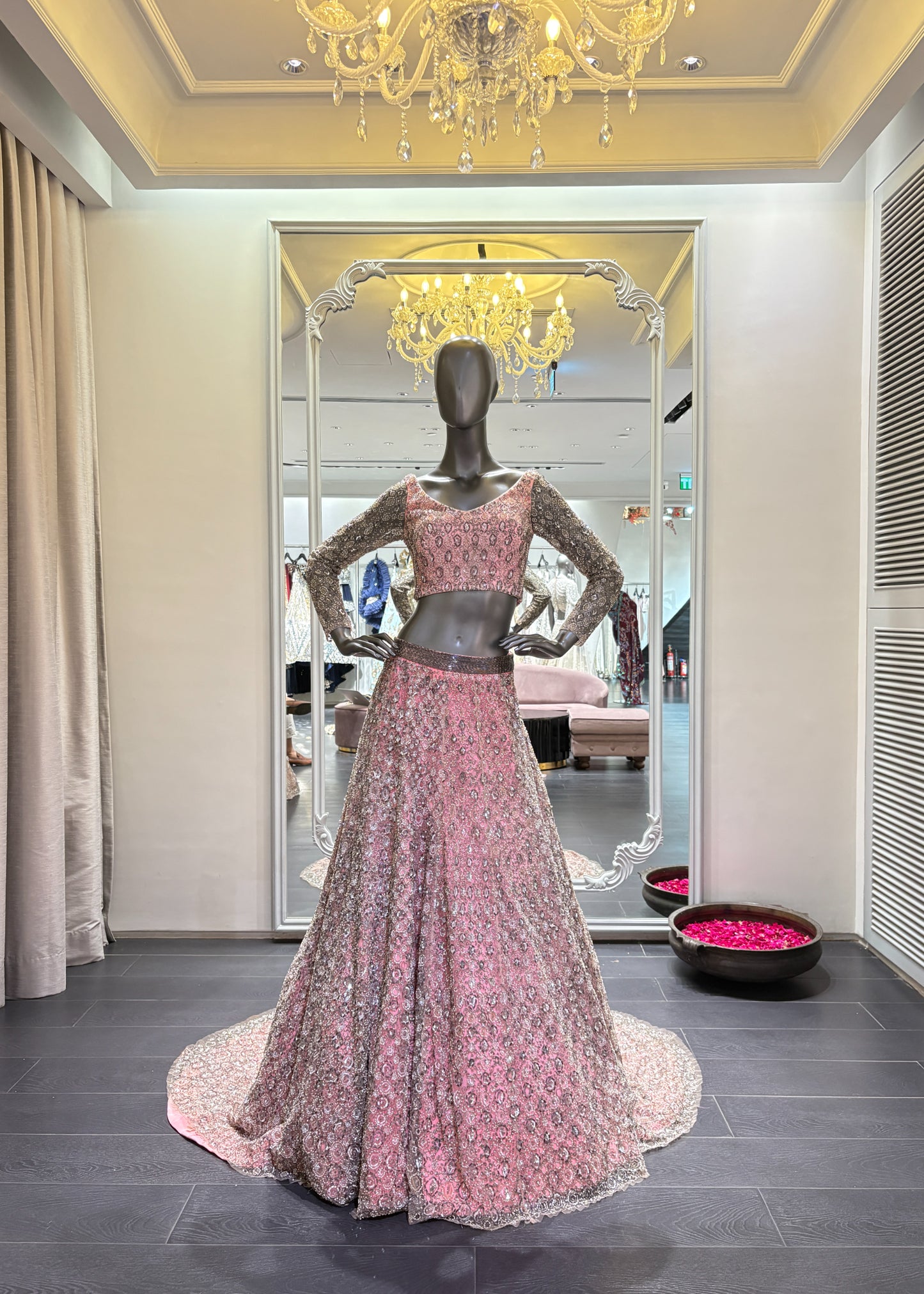 Pink French Embroidery Lengha Set