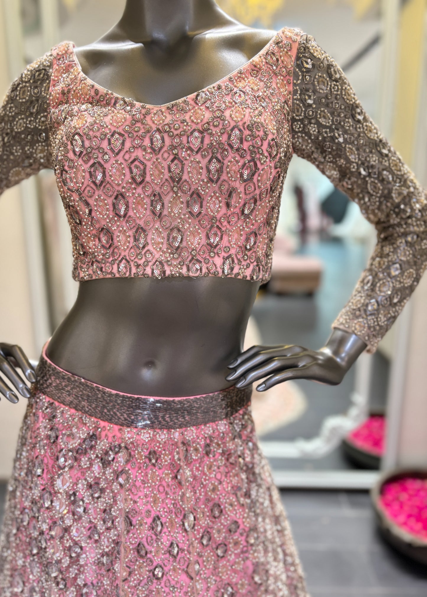 Pink French Embroidery Lengha Set