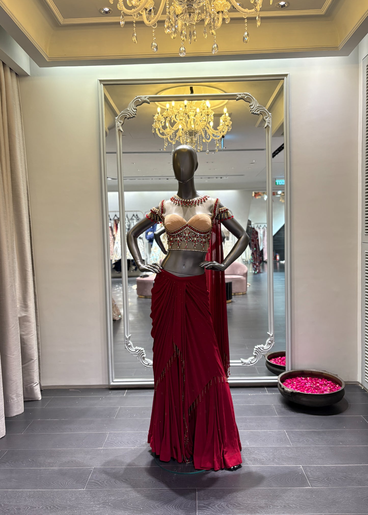 Beige Crystal Blouse With Maroon Drape Saree
