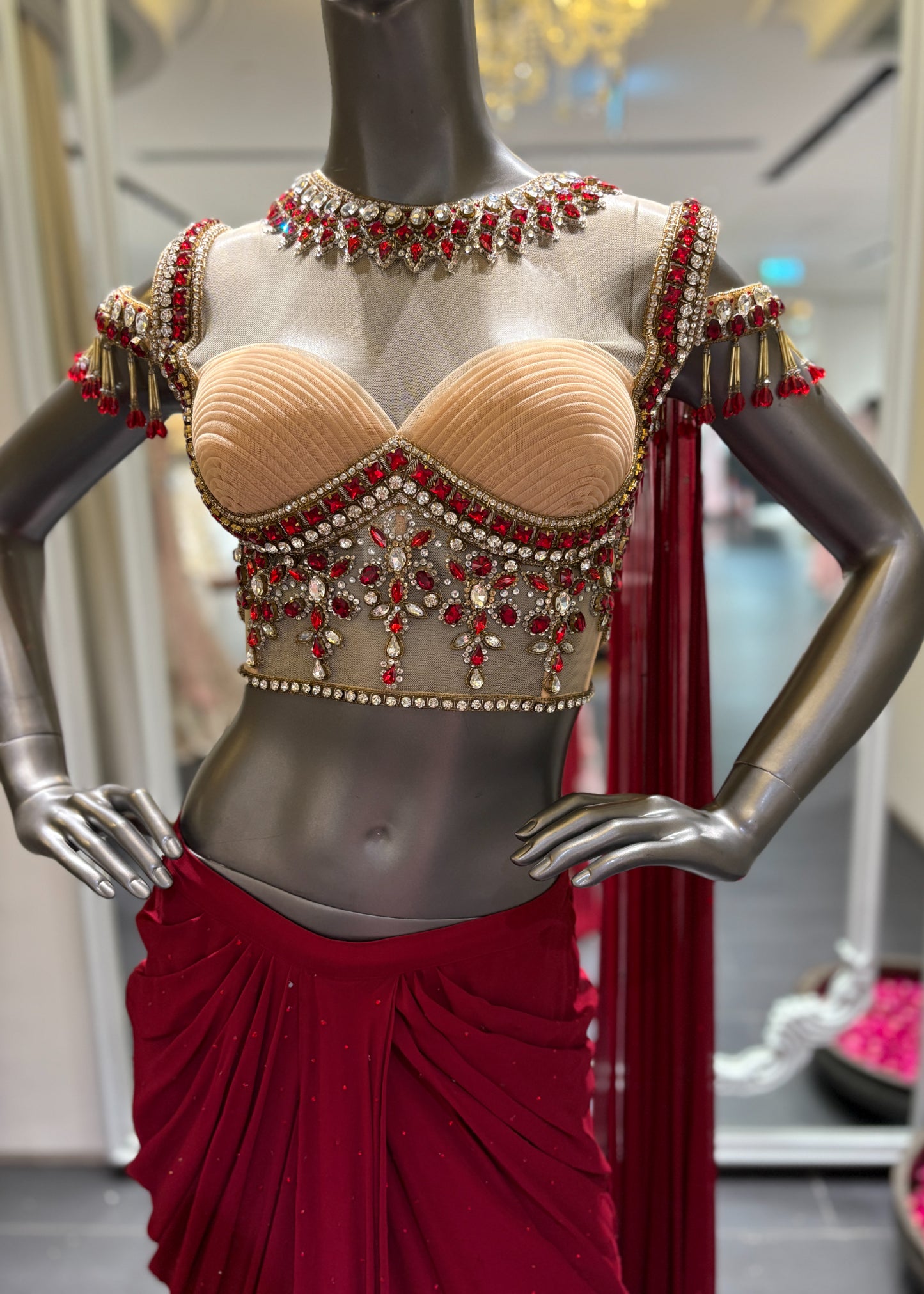 Beige Crystal Blouse With Maroon Drape Saree