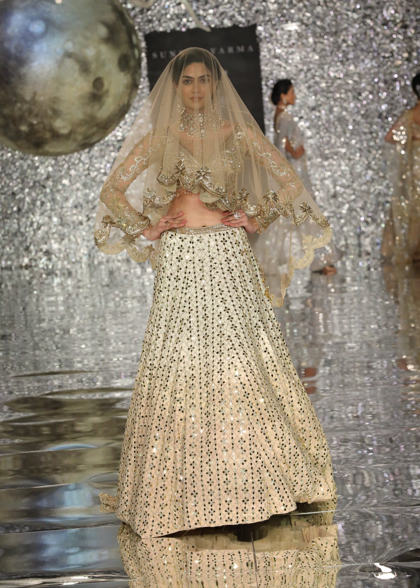 Gold Acrylic Mirror Work Lehenga With Blouse And Dupatta