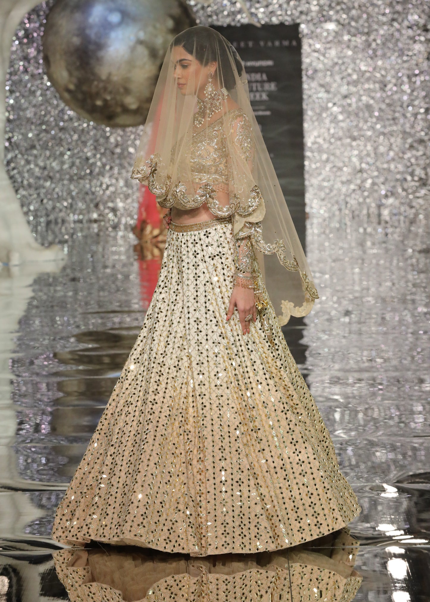 Gold Acrylic Mirror Work Lehenga With Blouse And Dupatta