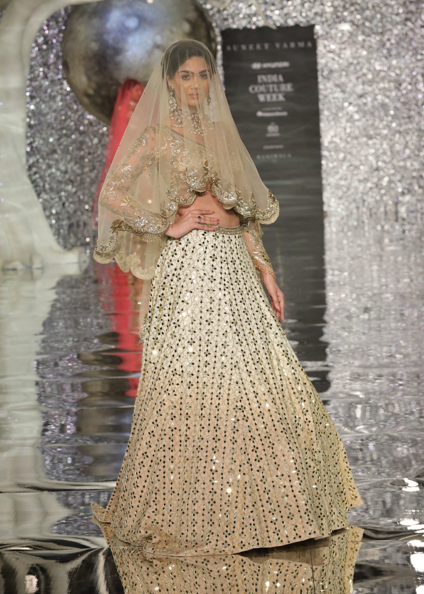 Gold Acrylic Mirror Work Lehenga With Blouse And Dupatta