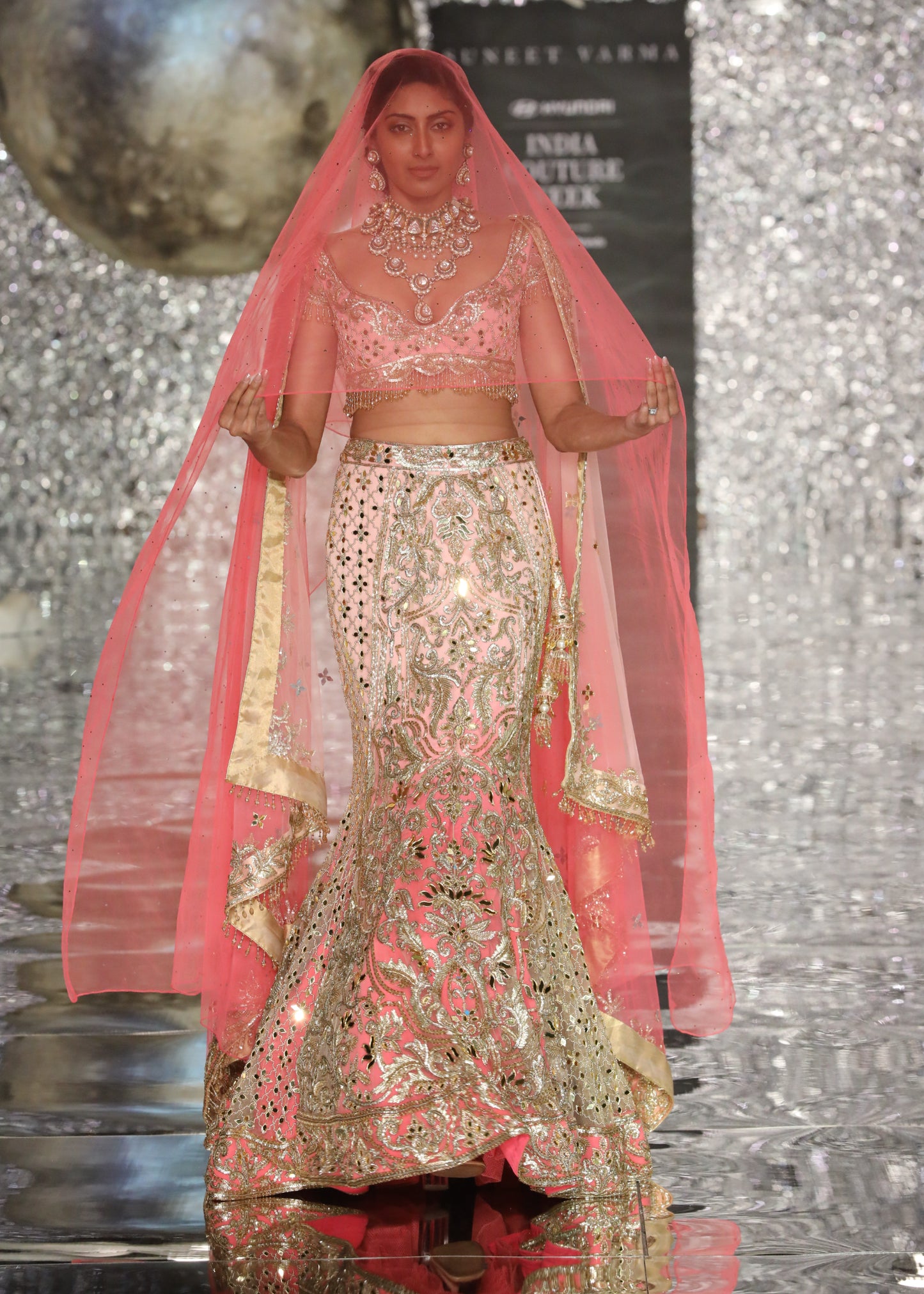 Shaded Pink Fish Cut Lehenga With Acryllic Mirror & Sequin Embroidery With Blouse And Dupatta