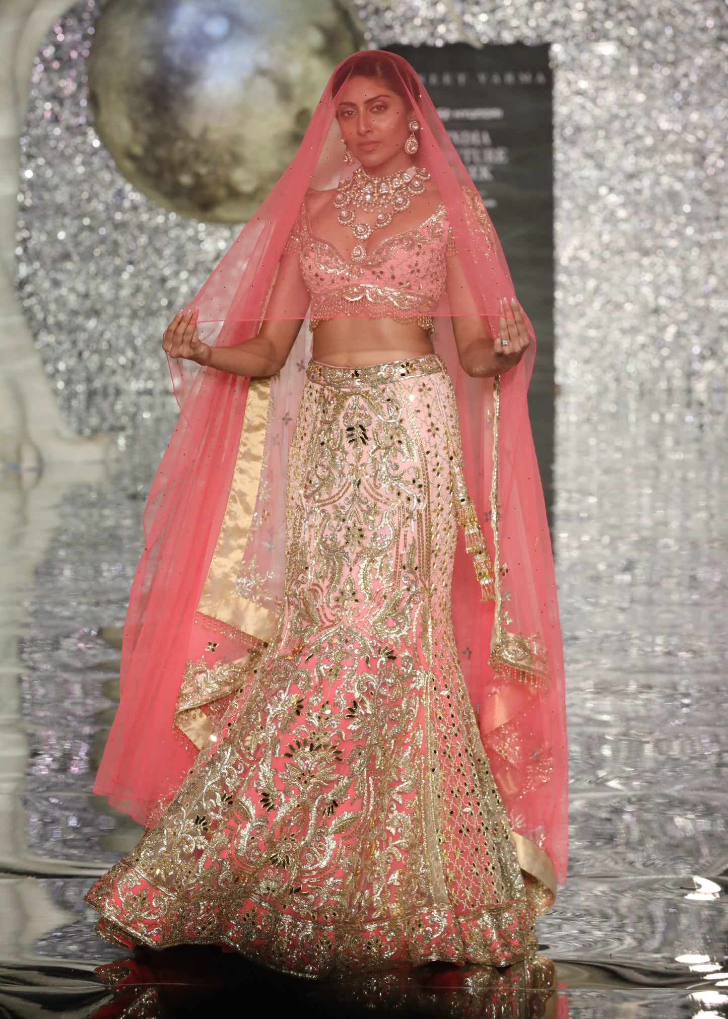 Shaded Pink Fish Cut Lehenga With Acryllic Mirror & Sequin Embroidery With Blouse And Dupatta