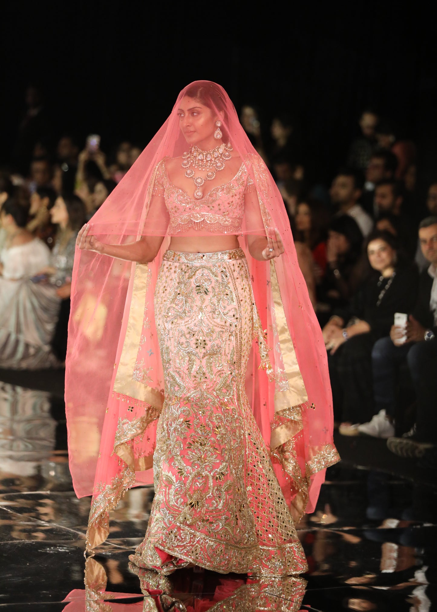 Shaded Pink Fish Cut Lehenga With Acryllic Mirror & Sequin Embroidery With Blouse And Dupatta