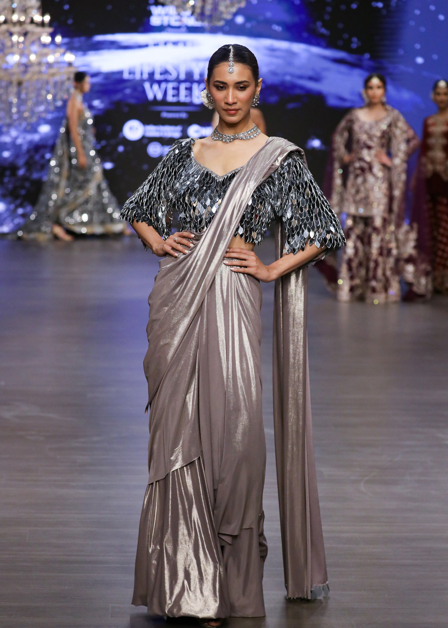 Metallic Silver Blouse With Drape Skirt