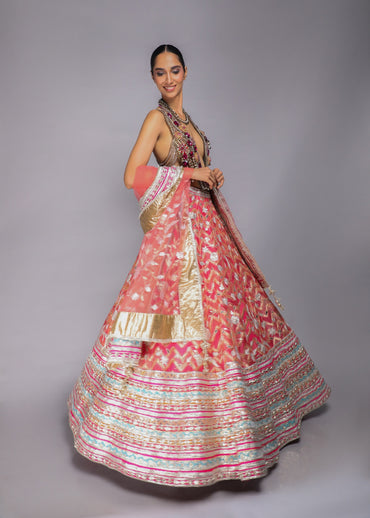 Bejewelled Blouse With Gota Lehenga