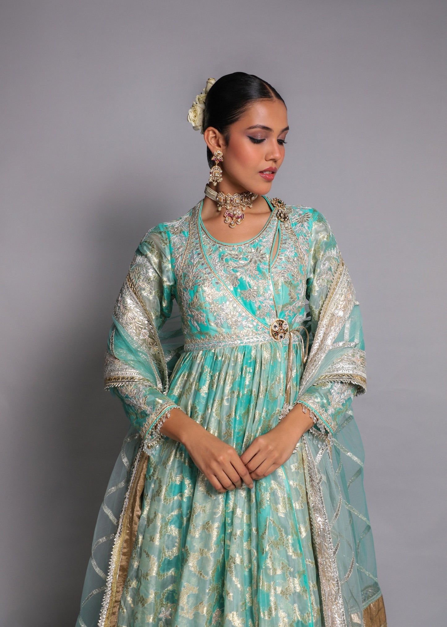 Aqua Embroidered Anarkali Set