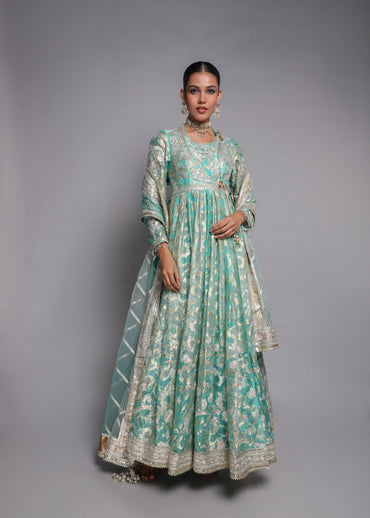 Aqua Embroidered Anarkali Set