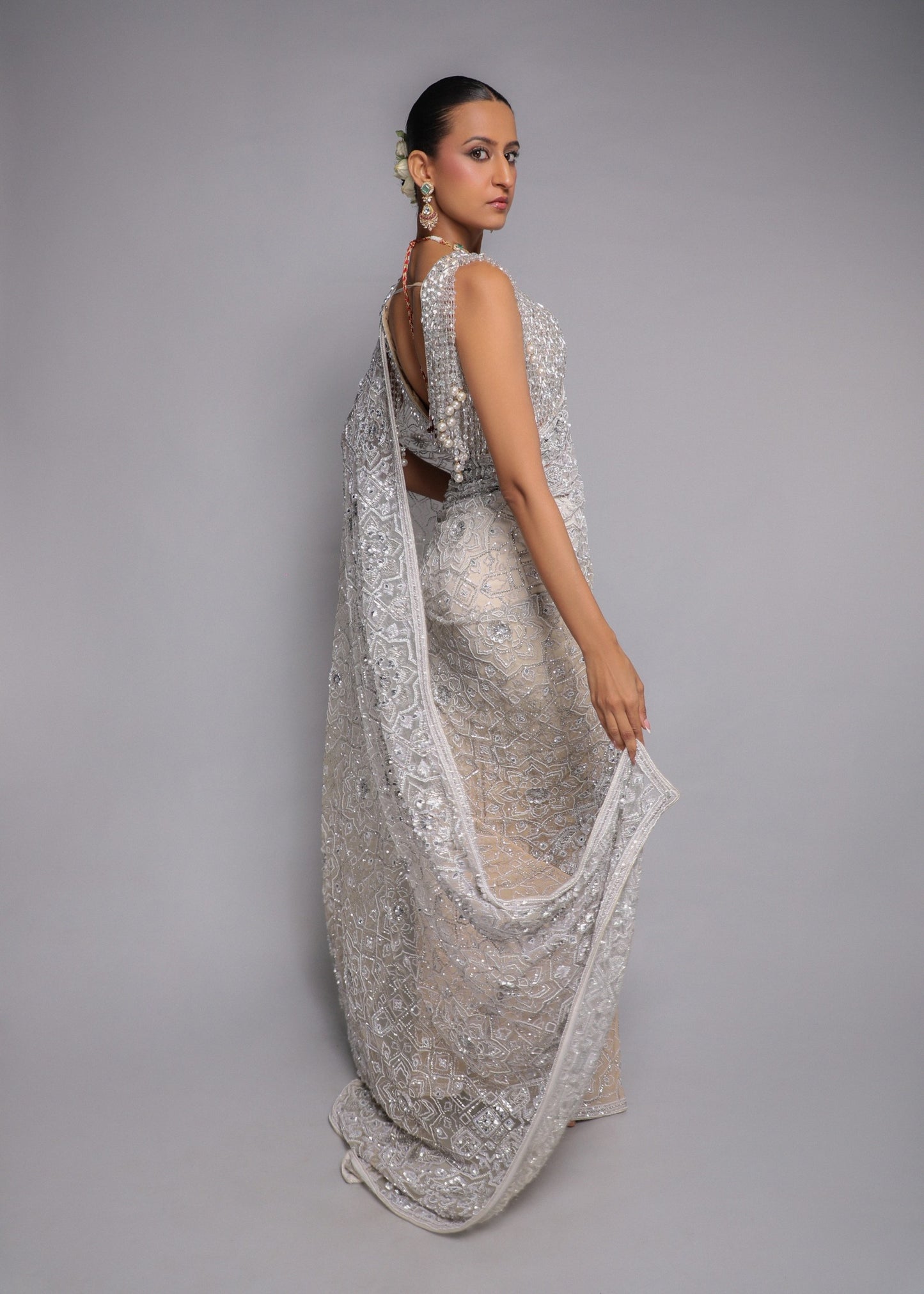 Ivory Embellished Saree With Pearl Blouse