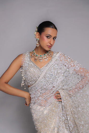 Ivory Heavily Embellished Saree With Pearl-Accented Blouse